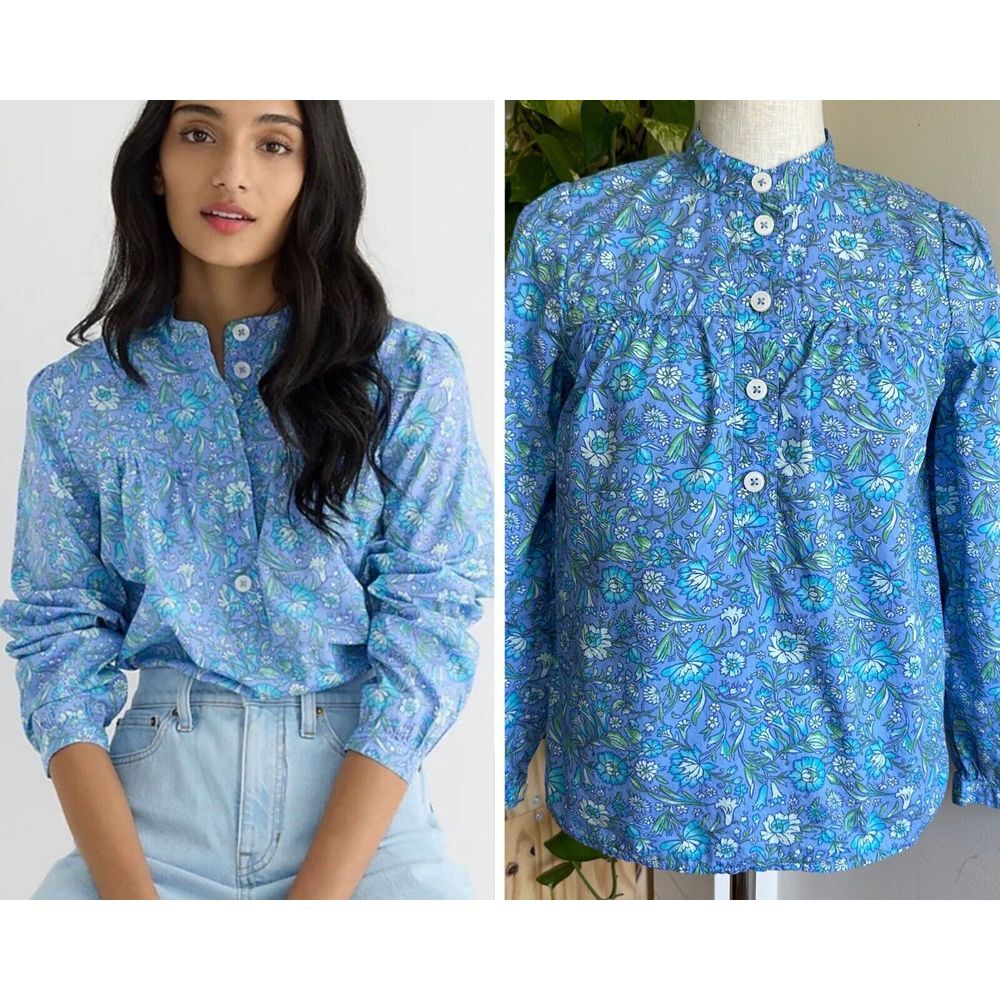 J Crew Fresco Top 2023 Floral Poplin Womens 2XS Organic Cotton Blue‎ Long Sleeve